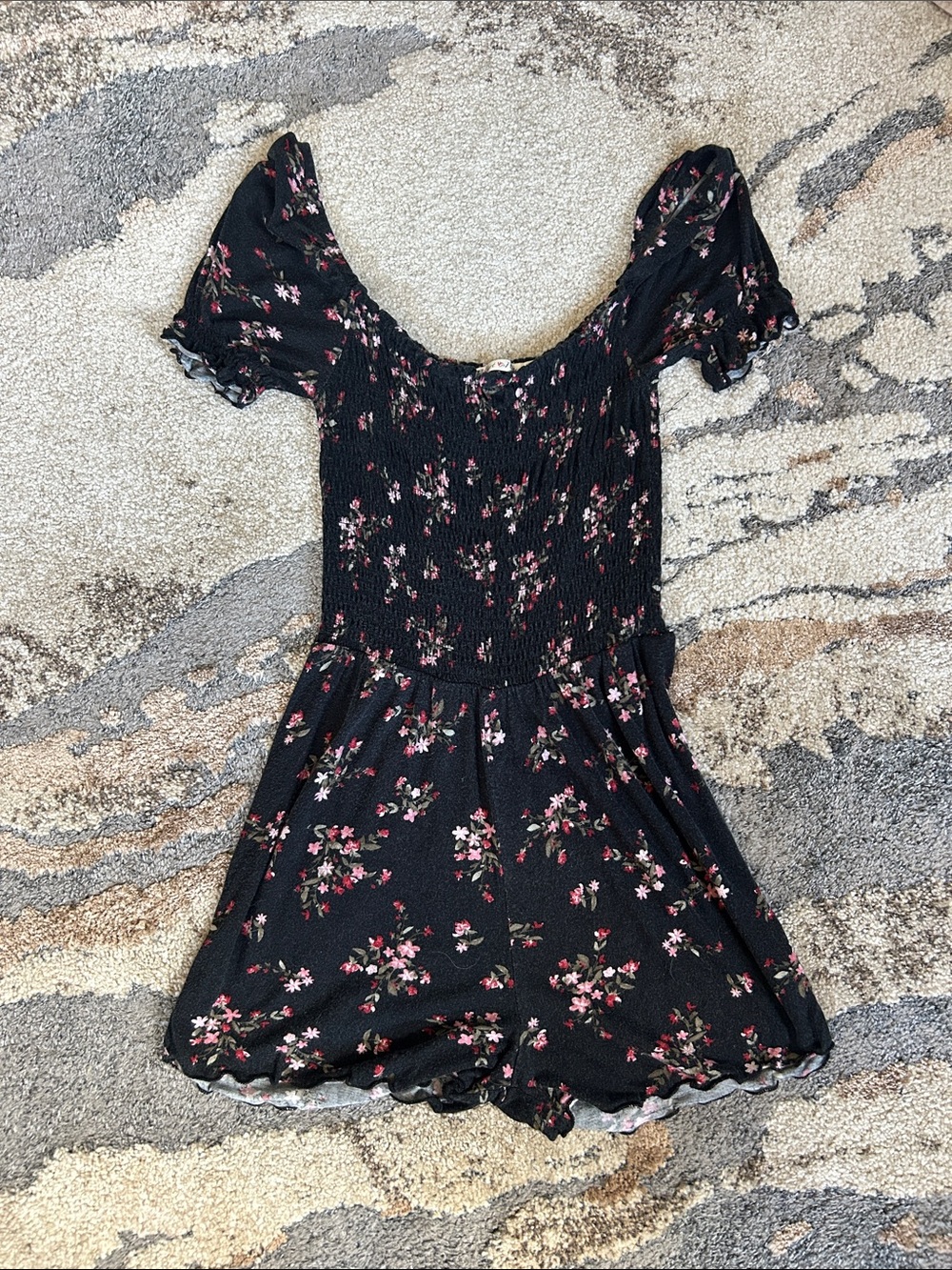 Heart Hips Black Floral Smocked Romper with Pink Print